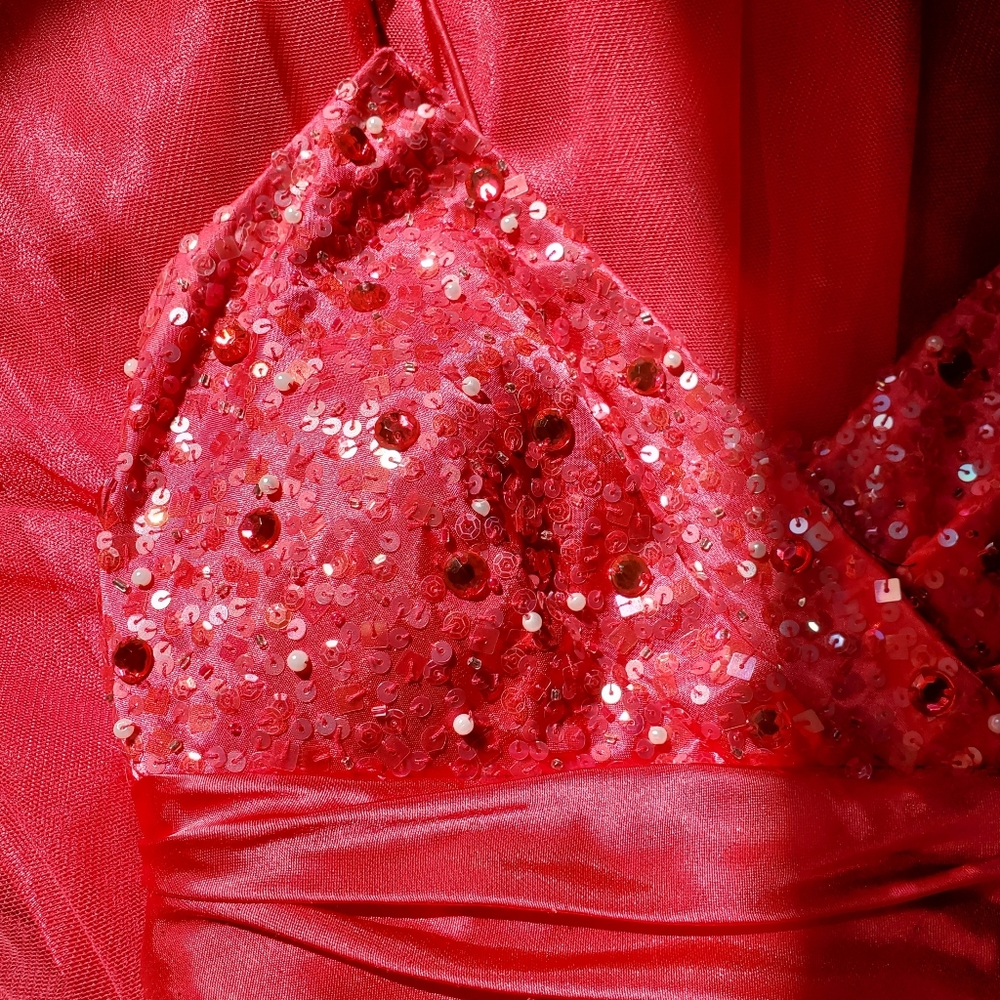 Mesh Hot Pink 2000s Prom Dress Midi Beaded Sequins Pearls Rinstone Gem Princess
